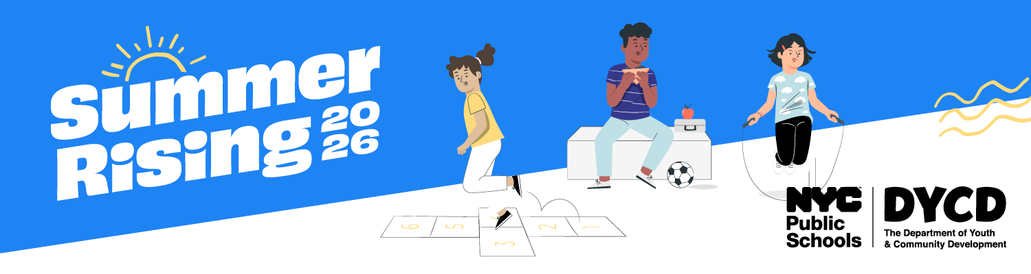 A graphic showing children playing and eating, and text saying Summer Rising 2026