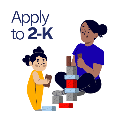 A graphic of a young child and teacher playing with blocks with 'Apply to 2-K' written