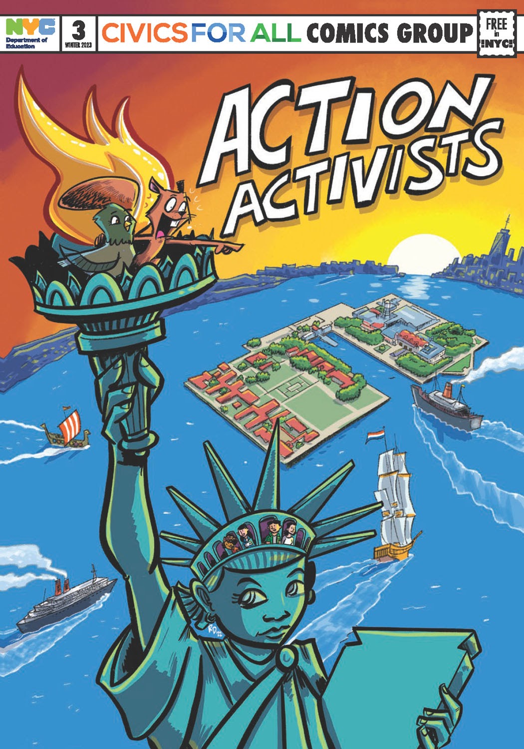 Action Activists #3 comic book cover with stylized art of the Statue of Liberty and NYC skyline