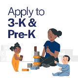 A graphic with two babies playing with an adult and "apply to 3-K and Pre-K" written.