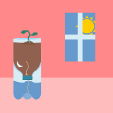 Illustration of a completed self-watering soda bottle planter craft in front of a sunny window.