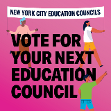 2025 CEC elections graphic showing people holding a sign saying 'New York City Education Councils' with 'Vote for your next education council' written underneath