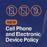 Square banner that reads, "New Cell Phone and Electronic Device Policy"