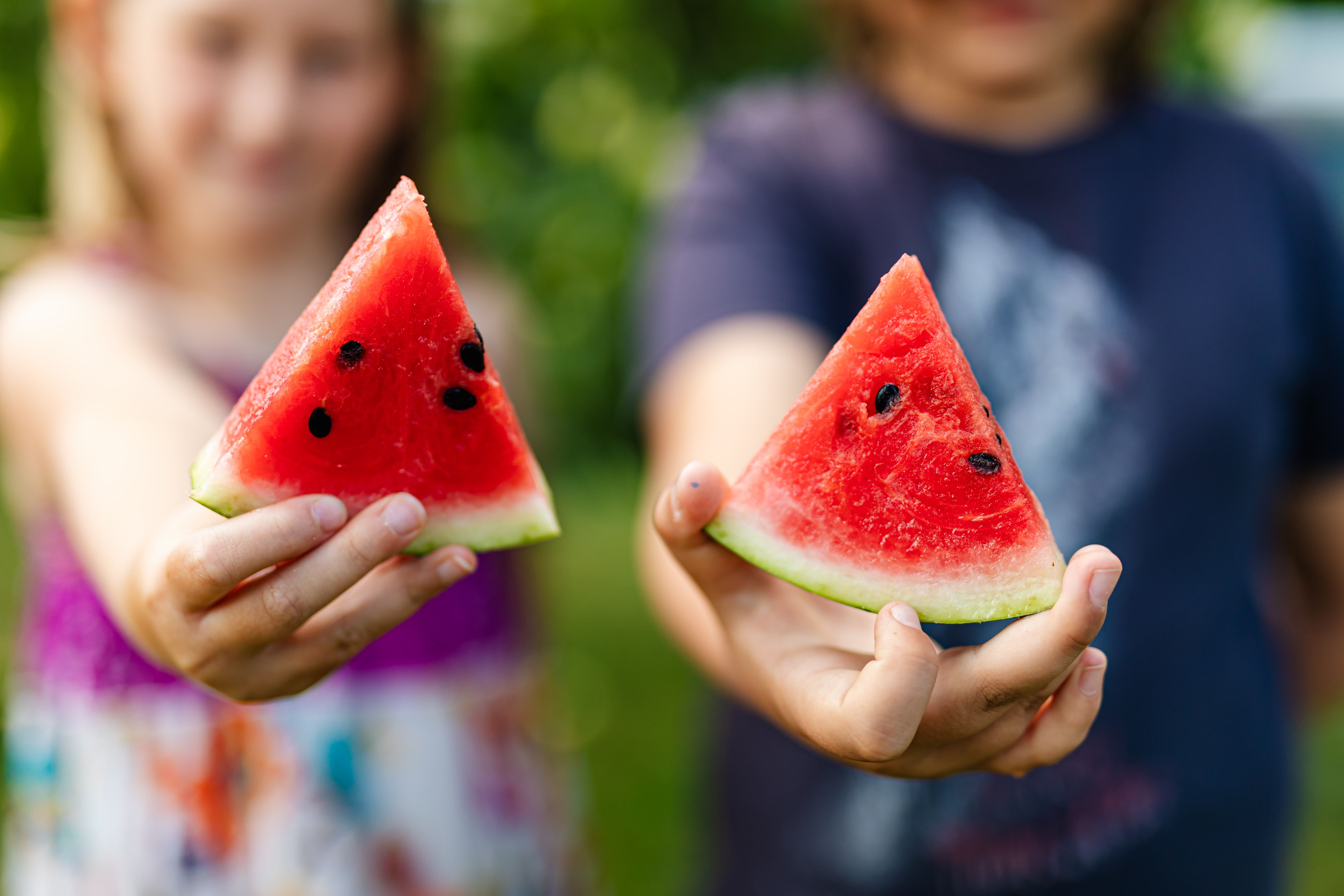 Children hold up their slices of watermelon to a camera