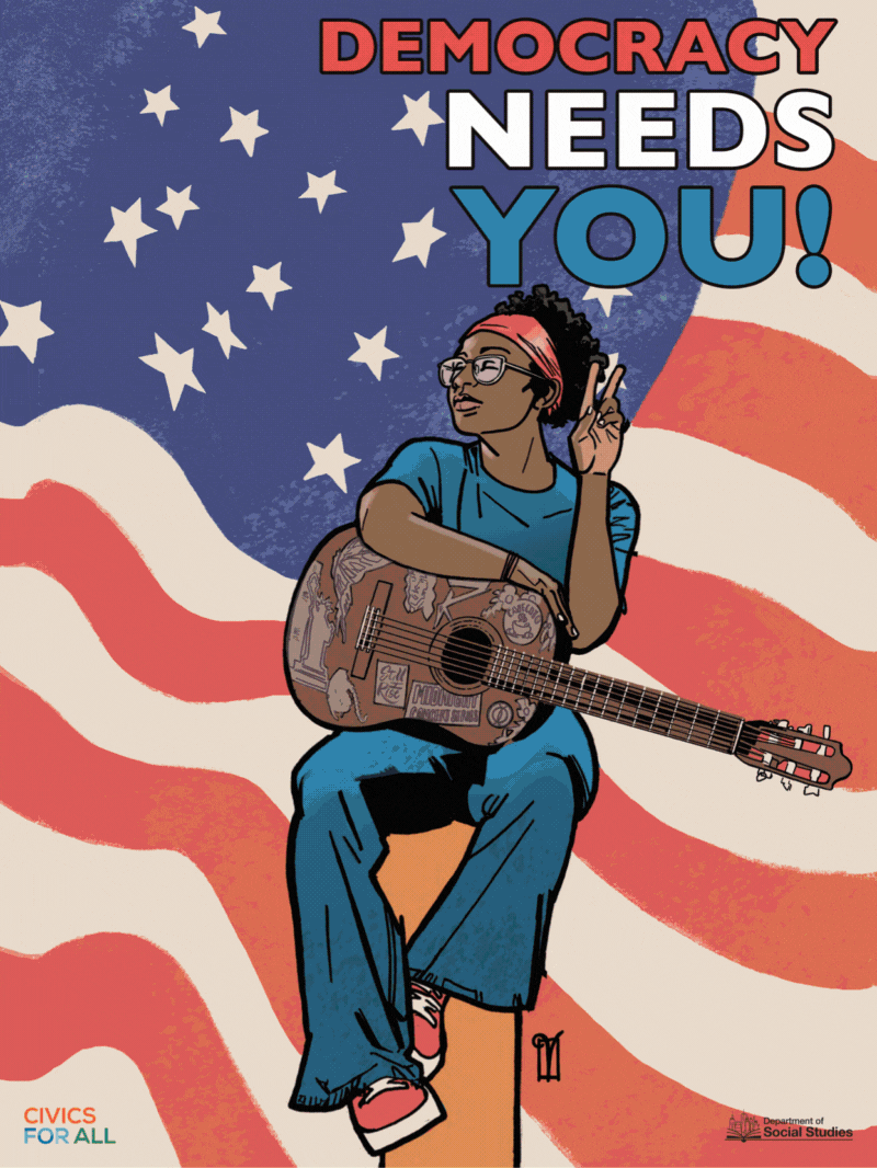 GIF of seven illustrated posters with the slogan 
