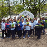 Photo of PS 104 Bays Water School students outside holding up plants they are going to add to their garden.