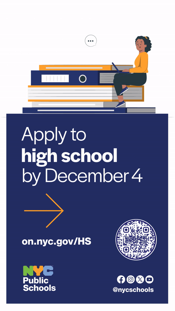 Apply to high schools by December 4 GIF showing students sitting on books