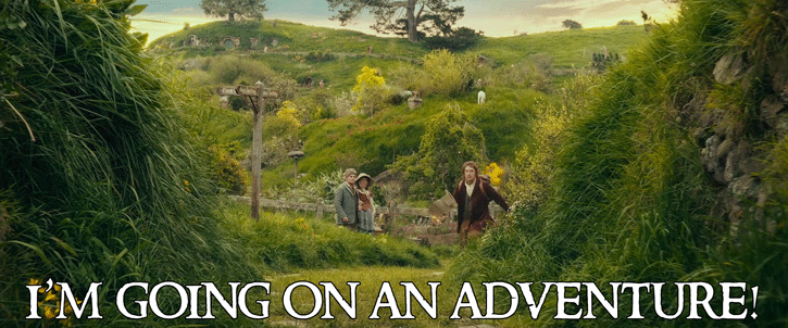  GIF featuring a character from a popular fantasy franchise leaving home excitedly for a new adventure.