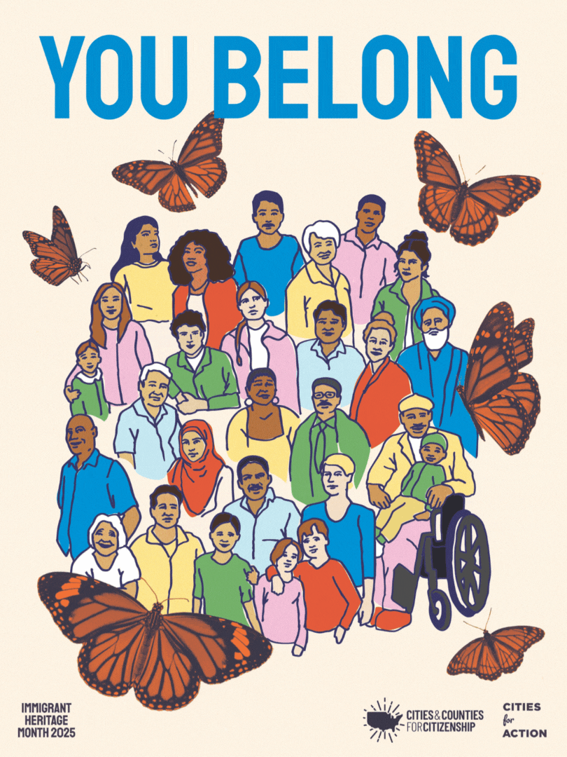 Colorful illustration of a diverse group of people surrounded by butterflies. Text above reads 'You Belong' in different languages: English, Spanish, Arabic, Haitian Creole, Chinese (simplified and traditional), Korean, French, Russian, and Bangla.