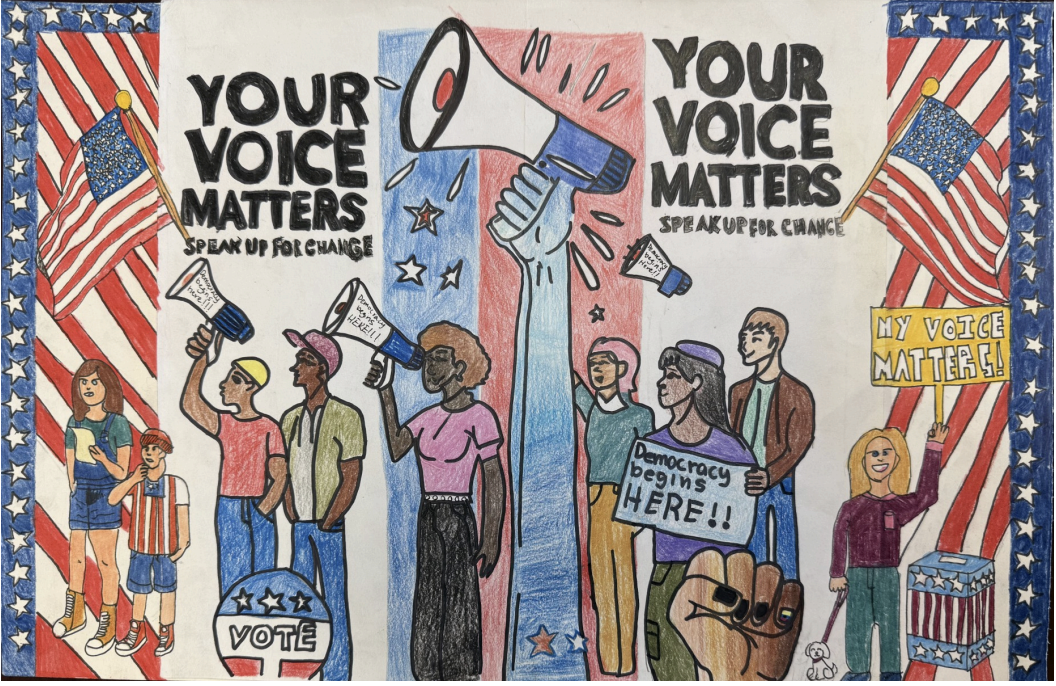 A poster showing diverse people holding signs and bullhorns, with American flags and 'Your Voice Matters: Speak Up for Change' text around them
