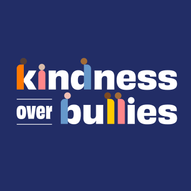 White text on a dark blue background that reads 'kindness over bullies.' Some of the letters are made up of illustrations of people.