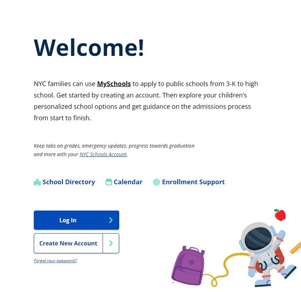 A screenshot of MySchools.nyc website homepage
