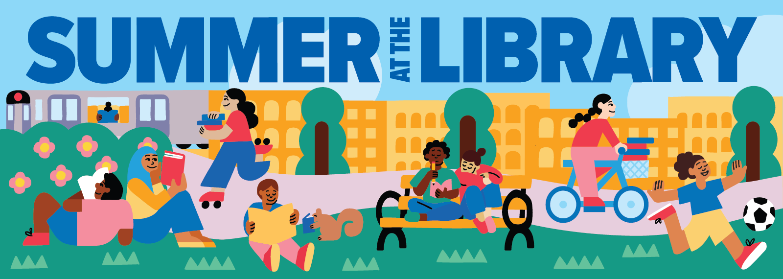 Illustrated colorful people sitting on a lawn reading, biking, and playing sports with a title that says 'Summer at the Library' in bold blue text.