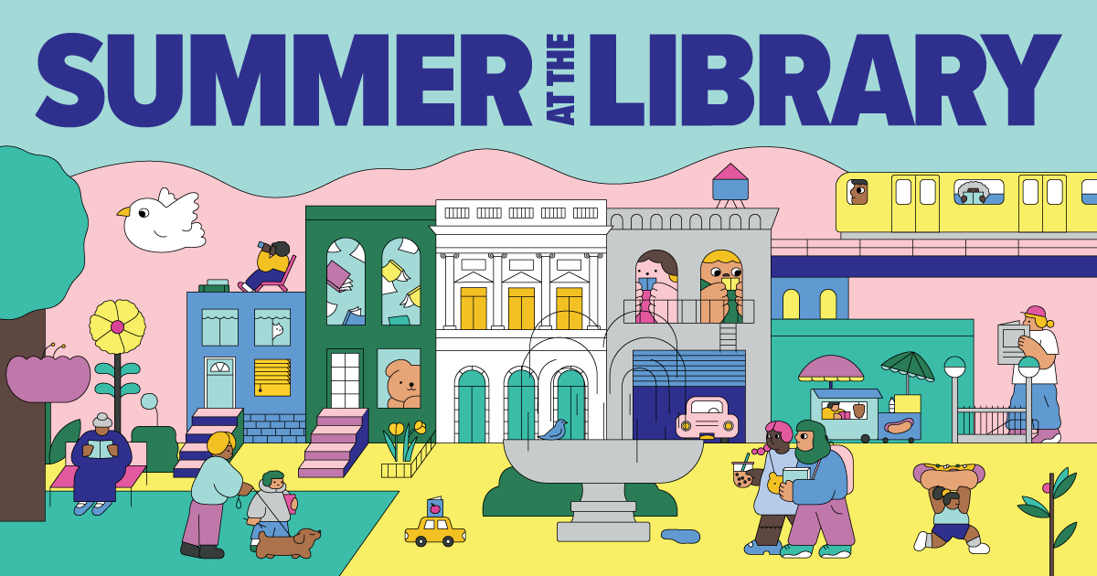 Blue text that reads 'Summer at the Library' at the top of an illustration of a city street with people reading outside in the foreground, in apartment buildings, and on a train in the background