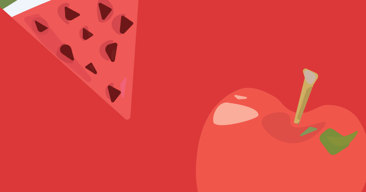 A red graphic with watermelon and apple images promoting free summer meals for 2026