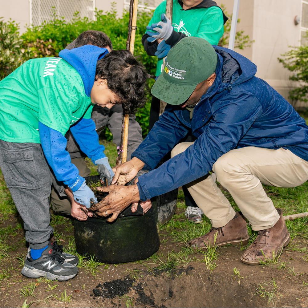 Chancellor Samuels and a PS 14 student grabbing a tree sapling together to plant in a nearby plot.