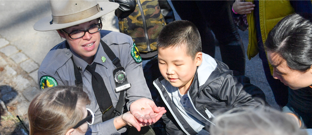 An Urban Park Ranger (left) showing a group of kids a silkwork that she has held in the palm of her hand.